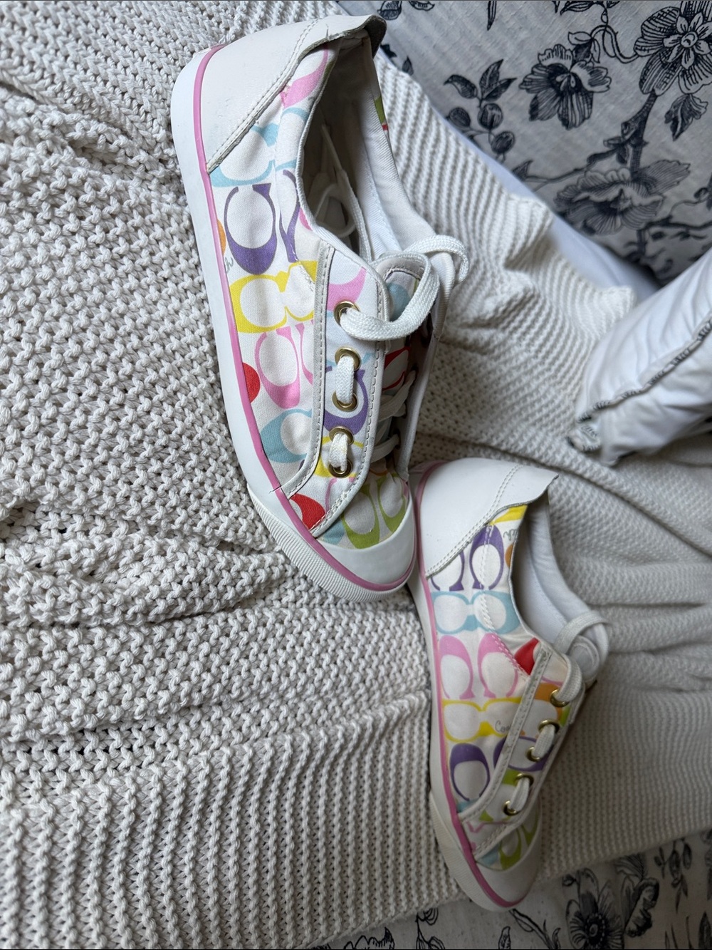 Coach Kids White Sneakers with Multicolor Signature Print